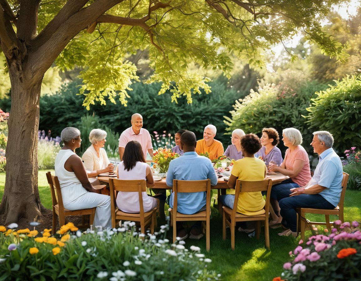 A serene and uplifting scene showcasing a diverse group of people in a garden, engaging in supportive conversations about cancer wellness. Include elements like sunlight filtering through trees, colorful flowers, and a supportive atmosphere. Visual metaphors of strength like intertwined hands or blooming flowers symbolize resilience. Captured in a warm, inviting color palette. super-realistic. vibrant colors. soft focus.