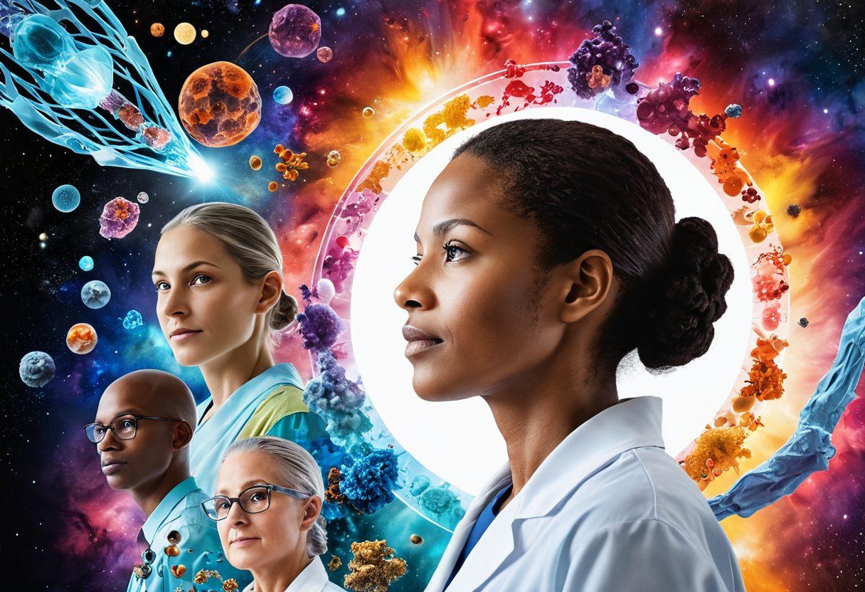 A vibrant and dynamic collage depicting cutting-edge oncology advancements, featuring magnified cells, a distant galaxy symbolizing innovation, and diverse healthcare professionals engaged in research. In the foreground, an ethereal figure representing wellness emerges with a glowing aura, symbolizing hope and progress. Bright colors to evoke a sense of optimism and discovery. super-realistic. vibrant colors. white background.