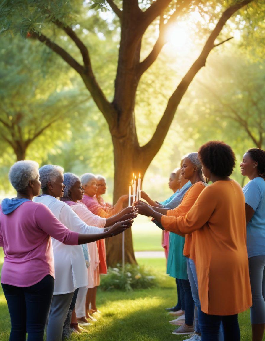 A diverse group of people of different ages and backgrounds, connected by vivid threads symbolizing unity and support, standing together in a lush park setting. The scene radiates warmth, with soft sunlight filtering through the trees, and each person holding a candle representing hope. In the background, banners for cancer awareness flutter gently in the breeze. super-realistic. vibrant colors. healing atmosphere.